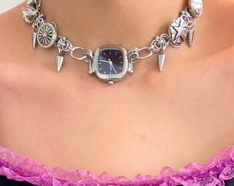 Whimsigoth watch choker necklace,clock chain necklace,goth choker,charm necklace,spike choker,acubi fashion,eclectic jewelry,Gift for her