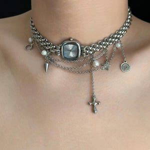 Vintage Watch Choker Necklace, Clock Whimsical Neckalce,Fancy Choker,Y2K Watch Necklace, Cross Pearl watch necklace,Trending Quartz Necklace