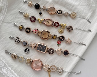 Handmade Charm Watch Bracelet, Vintage Mixed Charms Jewelry with Retro Watch Face, Unique Statement Piece, Custom Gift for Her