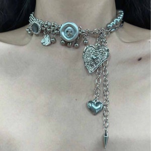 Titanium Button Bead Necklace,Sliver Chain Choker,Heart Charm Necklace,Y2k Necklace,Spike Necklace,Unsymmetrical Choker,Punk Grunge Necklace