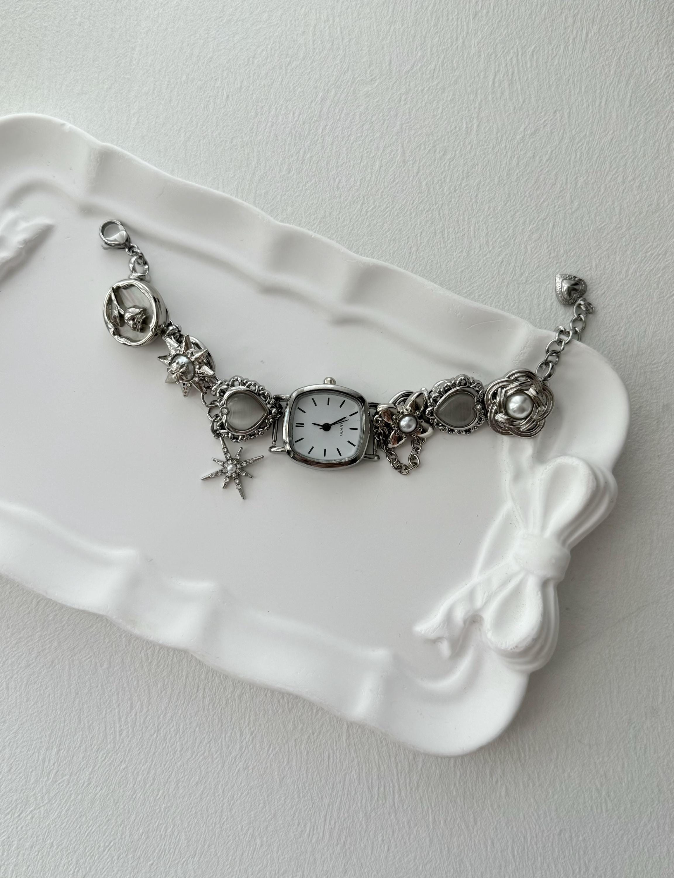 Punk Watch Bracelet | Black & White Y2k Clock Bracelet | Floral Charms Pendent Bracelet | Vintage Women Watch Sliver Chain,Personalized Gift
