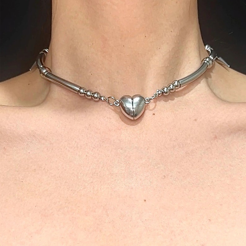 Spike chain choker necklace titanium steel,heart gothic jewelry, rivet punk necklace, punk jewellery, alternative,grunge, emo,y2k choker image 3