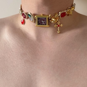 Vintage Charm Watch Necklace , Punk Clock Choker,Gold Red Cross & Bow Charms, Unique Statement Jewelry,Gothic Jewelry,Cool Gift for Her