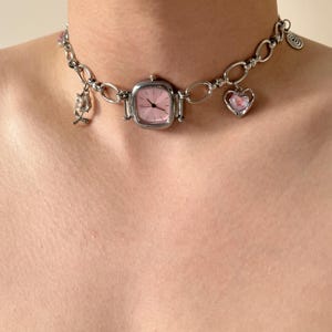 Vintage-Inspired Charm Choker Necklace,Steampunk Clock Choker,Silver Chain Necklace,Y2k Unique Timeless Jewelry,Gothic Handmade Jewelry