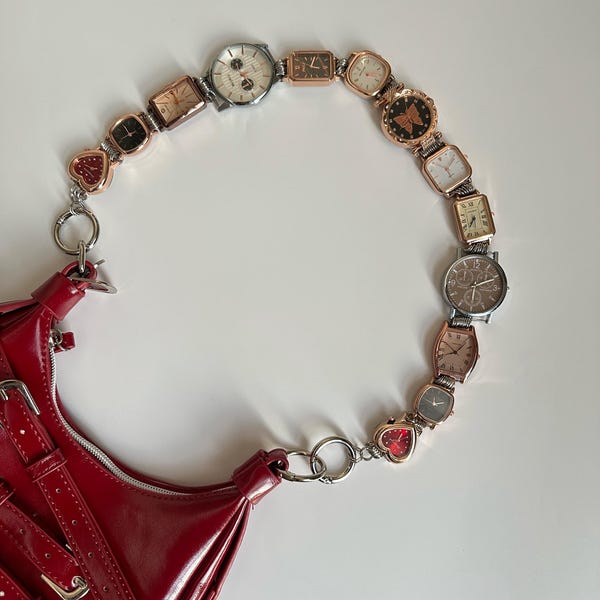 Retro Watch Bag Strap,Golden Grunge Clocks Purses Strap Chain,Punk Pants Chain,Vintage Watch Handle Chain,Metal Shoulder Bag Chain Sliver