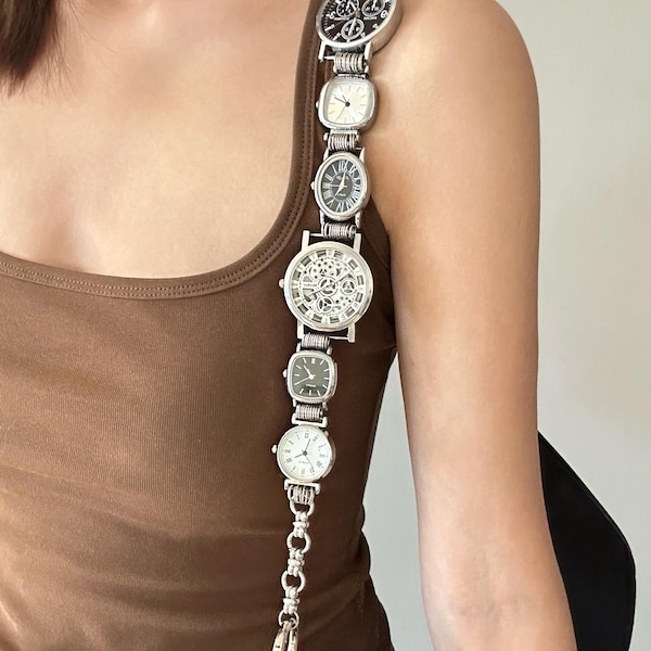 11 Watch Face Bag Strap,Y2k Clock Silver Bag Chain,Grunge Purses Bag Accessory,Unique Bag Charms,Punk Shoulder Bag Chain,Gift for her