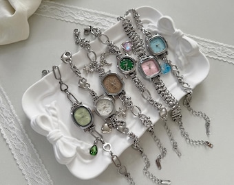 Handmade Bracelet Watch for Women, Dainty Watch Face,Stainless Steel Chain Watch,Cute Pastel Color Watch Jewelry, Vintage Personalized Gift