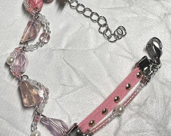 Glass Beaded Y2k Charm Bracelet | Goth,Grunge,fairycore, Kawaii Bracelet Coquette  Clutter Jewelry | Leather Bracelet Girls Jewelry Gift