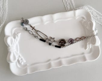 Pulsera punk Y2K con dije plateado, joyería grunge de cadena con estrella y luna, pulsera urbana de varias capas para mujer y hombre, regalo con estética gótica rock