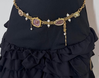 Cinturón con cadena para la cintura con reloj, cadena para la cintura con dije de estrella de perlas de estilo vintage, cinturón con dije colgante de reloj dorado, cadena para la cintura estilo Y2K para mujer
