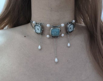 Three  Battery operation Watch Choker Necklace,Pearl Chain Choker,Unique Clock Necklace with Layered Chain,Art Inspired Funky Clock Necklace