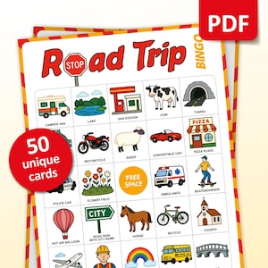 Road Trip Bingo Game, 50 Car Activity Bingo Cards, Summer Vacation Roadtrip Party Game, Road Trip Games for Kids, Printable Travel Activity