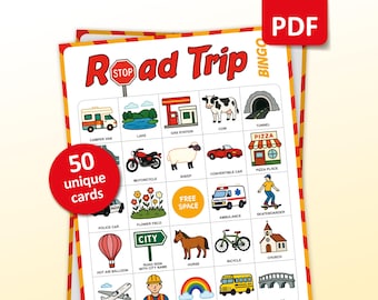 Road Trip Bingo Game, 50 Car Activity Bingo Cards, Summer Vacation Roadtrip Party Game, Road Trip Games for Kids, Printable Travel Activity