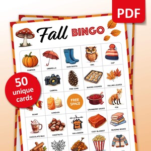 Bingo autunnale, 50 carte Bingo autunnali, Attività stagionali in classe, Giochi stampabili per l'apprendimento scolastico, Attività di compleanno, Gioco per feste autunnali per bambini