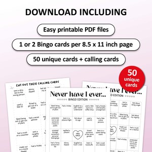 Je n’ai jamais bingo, 50 cartes de bingo de jeu à boire, activités de enterrement de vie de jeune fille, jeux de soirée entre filles pour adultes, activité de fête de poule, imprimable image 2