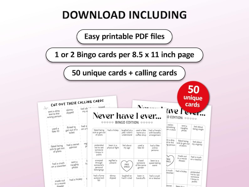 Je n’ai jamais bingo, 50 cartes de bingo de jeu à boire, activités de enterrement de vie de jeune fille, jeux de soirée entre filles pour adultes, activité de fête de poule, imprimable image 2