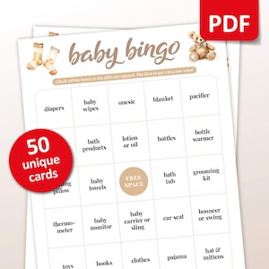Baby Shower Bingo, 50 cartes de bingo pour bébé, jeu de fête pour future maman, activité imprimable Boho neutre en matière de genre, cadeau de douche de bébé prérempli unique et amusant