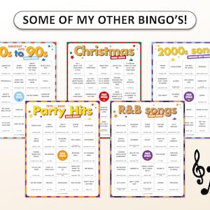 以下が含まれることがあります： 70年代から90年代、クリスマス、2000年代の曲、パーティーヒット、R&Bの曲など、テーマ別の音楽ビンゴカードのコレクション。各カードには曲のタイトルのグリッドが表示されています。「SOME OF MY OTHER BINGO'S!」というテキストが上部にあります。