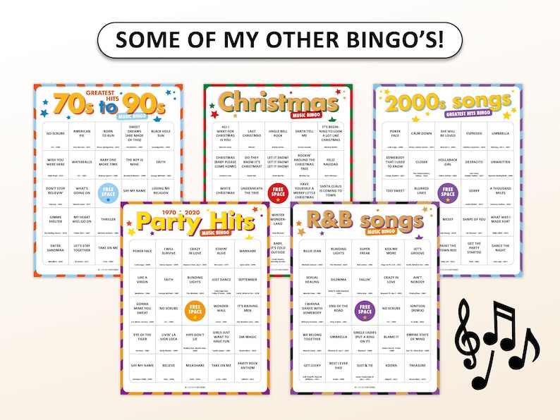 以下が含まれることがあります： 70年代から90年代、クリスマス、2000年代の曲、パーティーヒット、R&Bの曲など、テーマ別の音楽ビンゴカードのコレクション。各カードには曲のタイトルのグリッドが表示されています。「SOME OF MY OTHER BINGO'S!」というテキストが上部にあります。