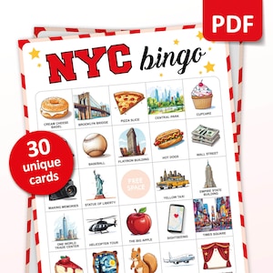 Gioco del Bingo a New York, 30 carte del Bingo a New York, Attività di viaggio a New York City, Gioco di vacanze negli Stati Uniti per adulti e bambini, Regalo stampabile precompilato