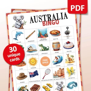 Australien Reise Bingo Spiel, 30 Bingokarten, Australien Reise Urlaub Aktivitäten, Aussie Thema Partyspiel für Erwachsene & Kinder, Geschenk zum Ausdrucken