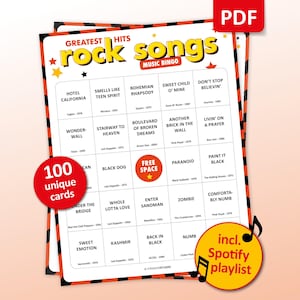 Rock Music bingo party game with the best 70s, 80s, 90s, 00s rock songs. Perfect as a birthday party, friends game night, pub crawl, bar activity or office party. Including Spotify Playlist with all the songs from the bingo cards. Printable download