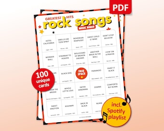 Rock Music Bingo, 100 Bingo Cards + Spotify Playlist, 70s, 80s, 90s, 00s Birthday Party Game, Work Teambuilding, pub crawl & Family Reunion