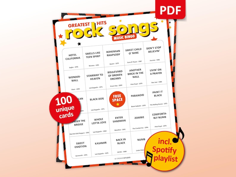 Rock Music bingo party game with the best 70s, 80s, 90s, 00s rock songs. Perfect as a birthday party, friends game night, pub crawl, bar activity or office party. Including Spotify Playlist with all the songs from the bingo cards. Printable download