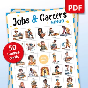 May include: A colorful Bingo game card titled "Jobs & Careers Bingo" with illustrations of various professions. The card features 50 unique cards and a PDF icon. Professions include cashier, astronaut, and doctor.