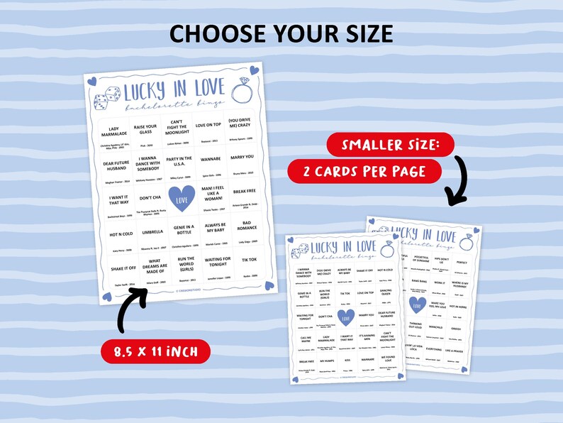 This Las Vegas Bachelorette Party Music Bingo is the perfect party game to play at a girls hen night with all of your friends. Lucky in Love is a great theme. The party songs are great for a fun night with team bride. Digital download so you can print the files directly after purchase.
