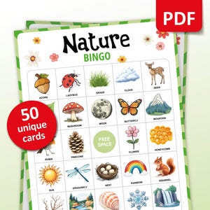 Bingo de la naturaleza, 50 tarjetas de bingo al aire libre, juego de fiesta de cumpleaños sobre la naturaleza, excursión escolar, actividades en el aula, búsqueda del tesoro de los Boys Scouts
