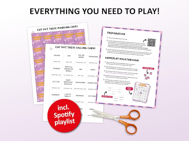 Music bingo party game with the best recent 10s, 20s hits. Perfect as a sleepover birthday party, slumber party or friends game night. Including Spotify Playlist with the songs on the bingo cards. Digital download that is easy to print. Sleepover printable.