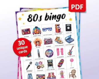 80er Party Bingo, 30 einzigartige Bingo Karten, Achtziger Party Spiel, printable Aktivität, 80er Jahre Junggesellinnenparty, 1980 Geburtstagsnacht
