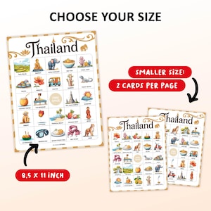Thailand bingo game with 50 bingo cards, perfect for adults and kids who are going to travel to this country. Great backpacker gift for your friend. Party game for the farewell party.