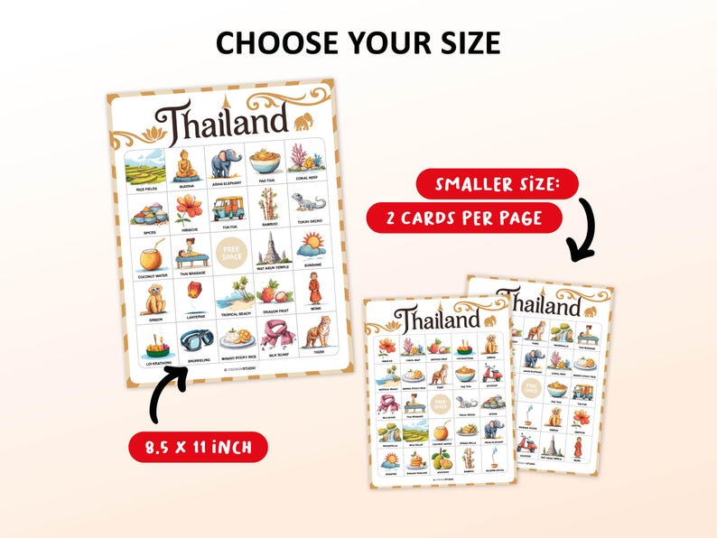 Thailand bingo game with 50 bingo cards, perfect for adults and kids who are going to travel to this country. Great backpacker gift for your friend. Party game for the farewell party.