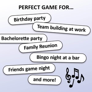 May include: Image with text: "PERFECT GAME FOR..." followed by a list of occasions including "Birthday party", "Team building at work", "Bachelorette party", "Family Reunion", "Bingo night at a bar", "Friends game night", and "and more!" Musical notes are also present.