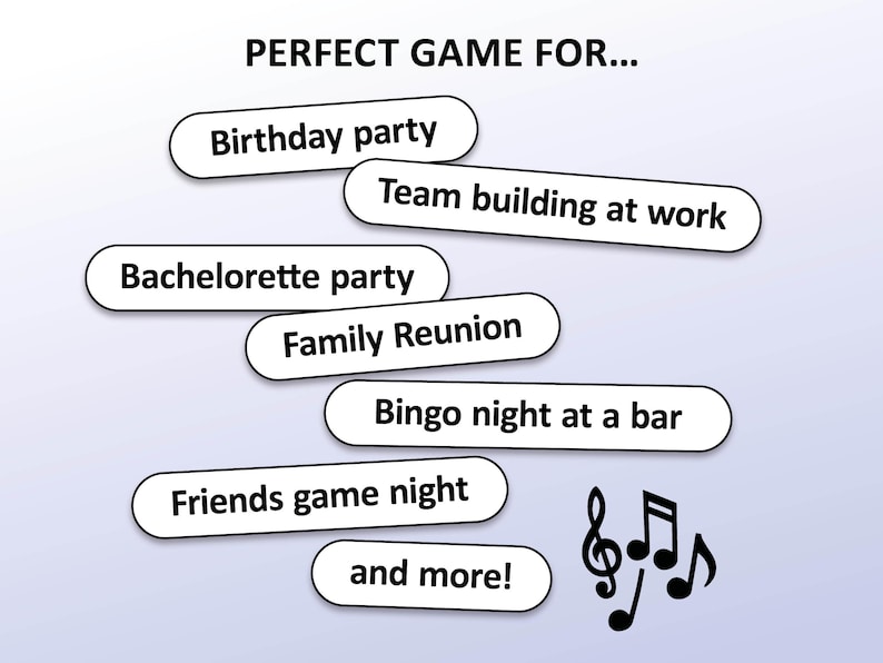 May include: Image with text: "PERFECT GAME FOR..." followed by a list of occasions including "Birthday party", "Team building at work", "Bachelorette party", "Family Reunion", "Bingo night at a bar", "Friends game night", and "and more!" Musical notes are also present.