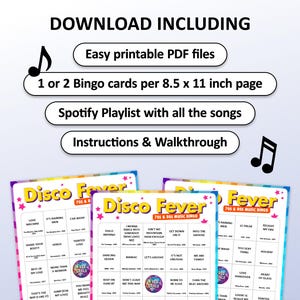 Music bingo party game with the best, 70s, 80s, Disco songs. Perfect as a birthday party, bachelorette party, friends game night, pub crawl, bar activity or office party. Including Spotify Playlist with the songs of the bingo cards. Printable digital download.