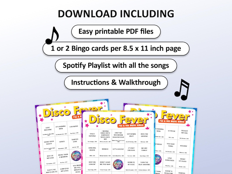 Music bingo party game with the best, 70s, 80s, Disco songs. Perfect as a birthday party, bachelorette party, friends game night, pub crawl, bar activity or office party. Including Spotify Playlist with the songs of the bingo cards. Printable digital download.