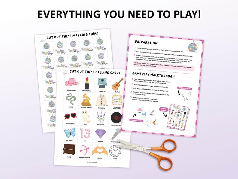 Taylor Bingo is a fun party game based on Taylor Swift as an artist and person. Great for a ladies night, teen girls birthday party or a concert watching evening with friends. This digital download contains 50 bingo cards which are all unique. Printable activity.