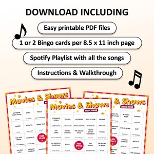 Movie & TV Show Music Bingo party game featuring the most iconic film soundtracks, television theme songs and blockbuster movie hits. Perfect for movie nights, TV series marathons, family game nights, birthday parties and friends gatherings. Includes famous songs from cult classics, sitcoms, dramas and musicals. Including Spotify playlist with all soundtrack and theme songs on the bingo cards. Printable digital download.