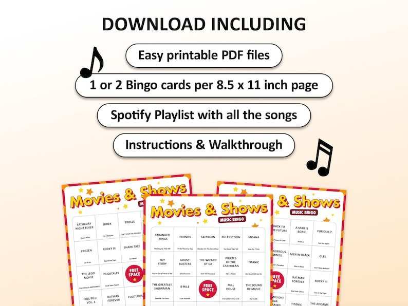 Movie & TV Show Music Bingo party game featuring the most iconic film soundtracks, television theme songs and blockbuster movie hits. Perfect for movie nights, TV series marathons, family game nights, birthday parties and friends gatherings. Includes famous songs from cult classics, sitcoms, dramas and musicals. Including Spotify playlist with all soundtrack and theme songs on the bingo cards. Printable digital download.