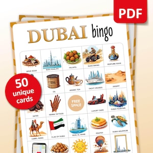 Dubai reisbingospel, 50 Dubai bingokaarten, reisvakantie-activiteiten, Dubai themafeestspel voor volwassenen en kinderen, afdrukbaar cadeau