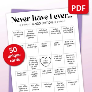 Nooit heb ik ooit Bingo, 50 drinkspel bingokaarten, vrijgezellenactiviteiten, meidenavondspellen voor volwassenen, vrijgezellenfeestactiviteit, afdrukbaar