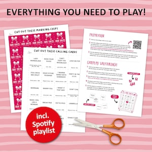 Hen Party Music Bingo is the perfect party game to play at a girls bachelorette night with all of your friends. The party songs are great for a fun night with team bride. Digital download so you can print the files directly after purchase.