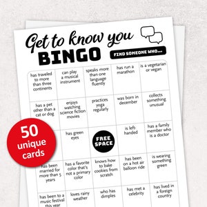 Apprenez à vous connaître Bingo, 50 cartes de bingo humaines, jeu de fête de bureau Icebreaker, activité imprimable Find The Guest, Team Building, réunion de famille