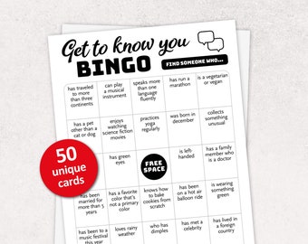 Get To Know You Bingo, 50 Human Bingo Cards, Icebreaker Office Party Game, Find The Guest Printable Activity, Team Building, Family Reunion