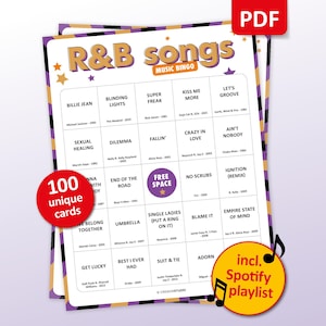 R&B Music Bingo, 100 Bingo Cards + Spotify Playlist, Birthday Party Game, 80s 90s 00s Teambuilding, Friends Bar Activity, Rhythm and Blues