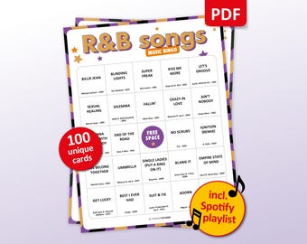 R&B Music Bingo, 100 Bingo Cards + Spotify Playlist, Birthday Party Game, 80s 90s 00s Teambuilding, Friends Bar Activity, Rhythm and Blues