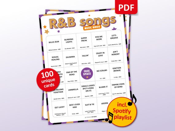 R&B Music Bingo, 100 Bingo Cards + Spotify Playlist, Birthday Party Game, 80s 90s 00s Teambuilding, Friends Bar Activity, Rhythm and Blues